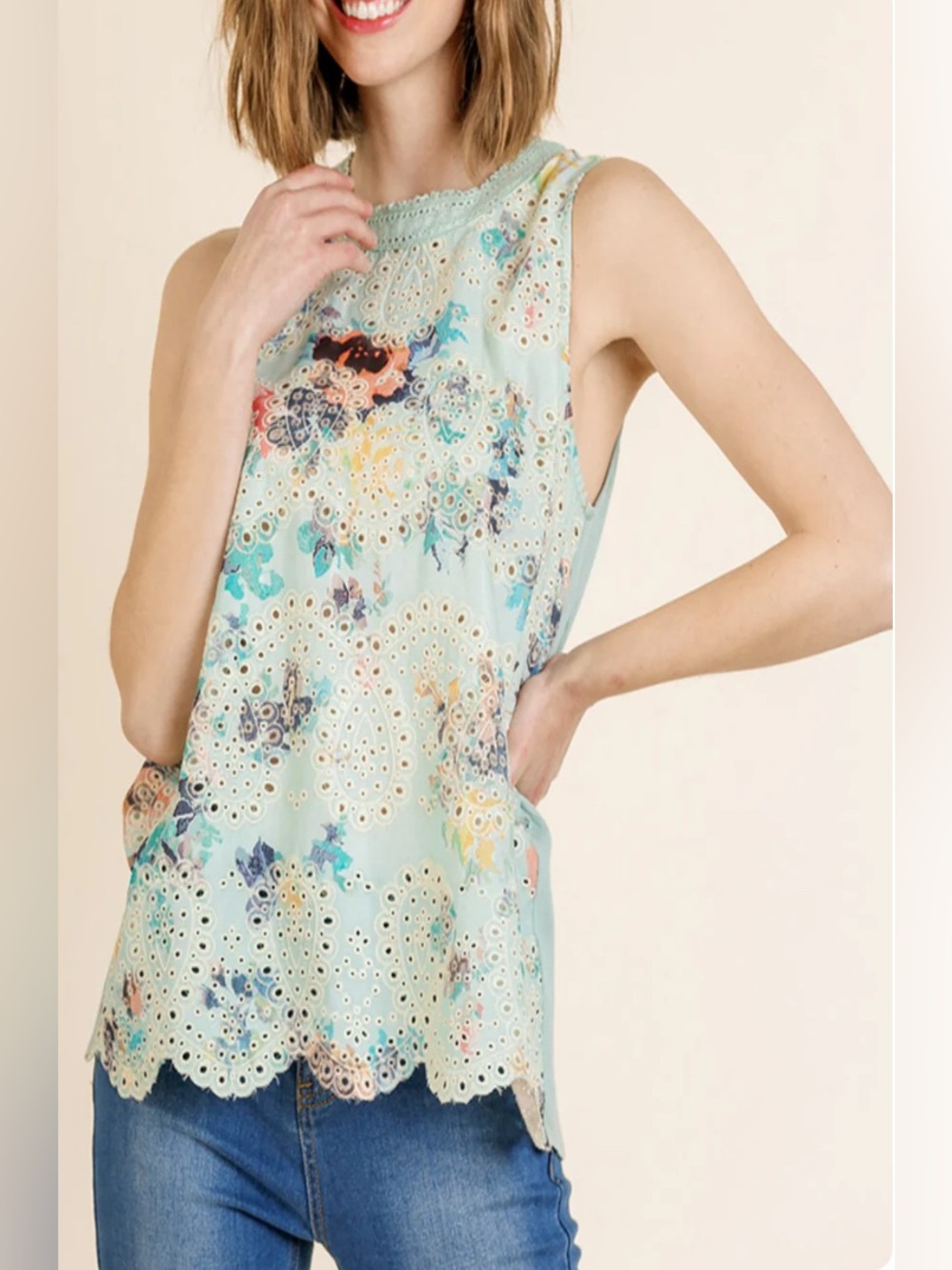 Umgee USA Floral Print Eyelet Top, size L , Excellent Used Condition